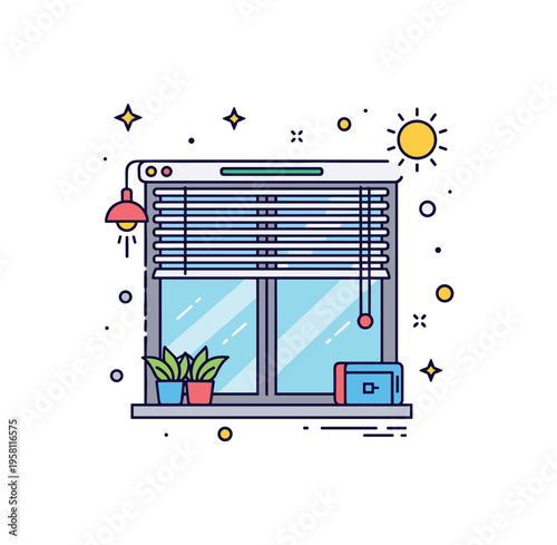 Smart blinds and windows window icon with automated blinds adjusting according to a small sun symbol outside, suggesting energy conscious living. A compact