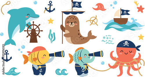 Cute sea animals pirate set with dolphin, seal, fish and octopus cartoon vector illustration