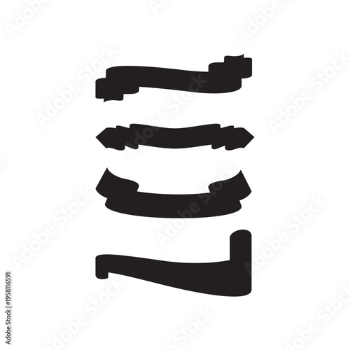 Collection of four black ribbon banner shapes for design use, isolated silhouettes on white background, vector graphic elements for headers and labels