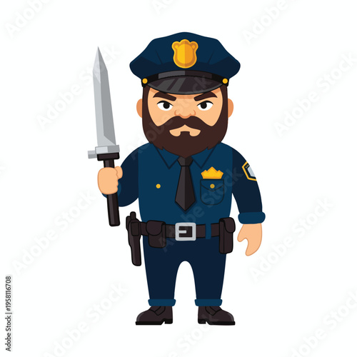 A cartoon police officer with a beard and a sword stands sternly