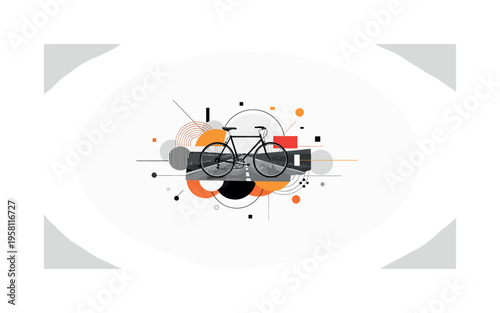 spring bicycle wanderlust ride with geometric circles abstract shapes and lines, black and white bicycle on countryside road surrounded by spring nature with
