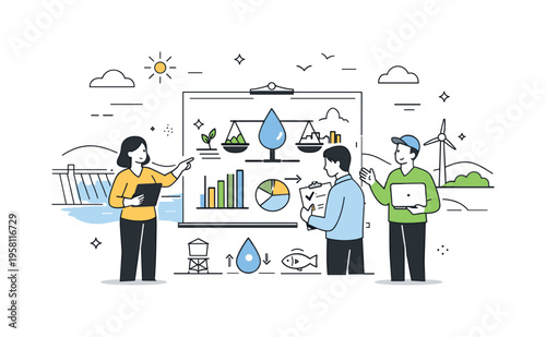 Water resource management. Calm editorial scene with people reviewing water usage data near a reservoir, focused on balance and sustainability. Minimalist flat
