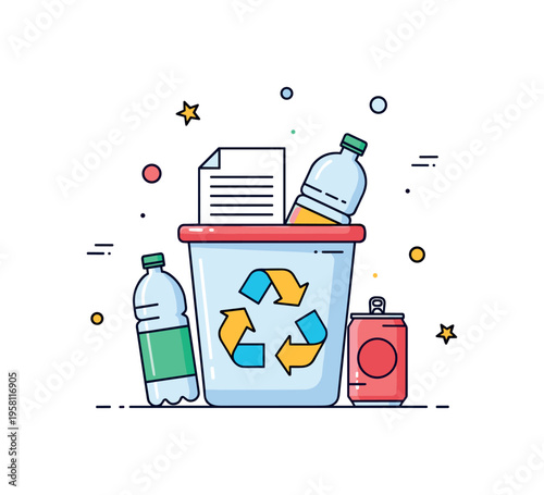 Recycling everyday waste simple recycling bin with the universal recycle symbol surrounded by paper, plastic bottle, and aluminum can ready to be sorted. Clear