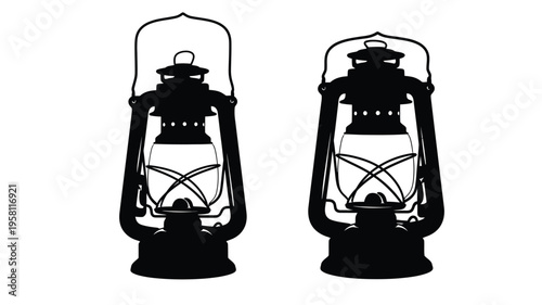 Two antique oil lanterns displayed against a white background silhouette