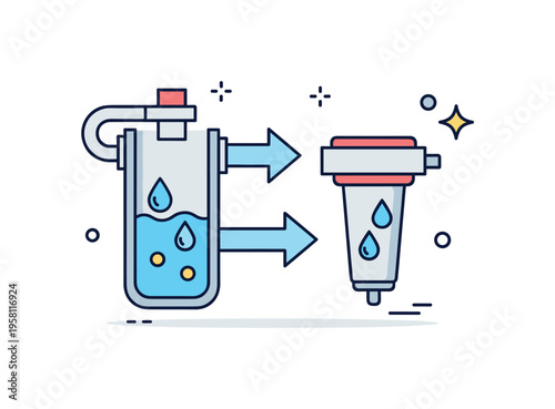 Clean water flow diagram with droplets entering a filtration chamber and emerging purified on the other side with a small sparkle accent. Friendly schematic