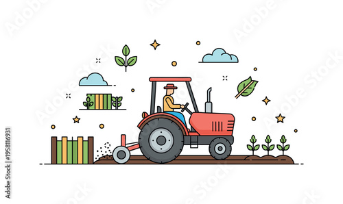 Rural farming work tractor operator cultivating farmland while small field rows and crop symbols appear around the machine. The scene expresses everyday life