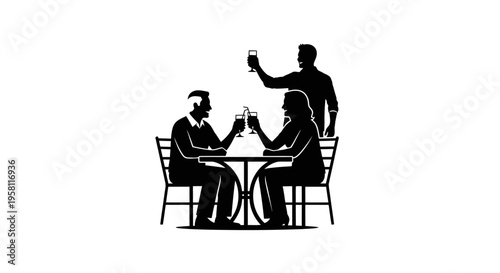 Three people toasting drinks at table, celebrating together