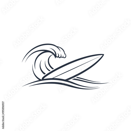 Surfboard riding ocean wave in minimal line art style