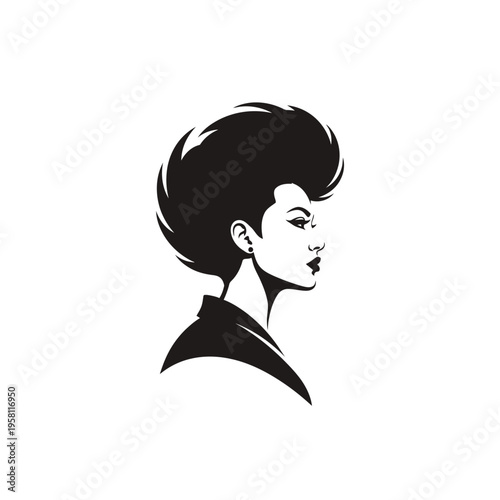 Stylized woman profile with voluminous hair in black and white