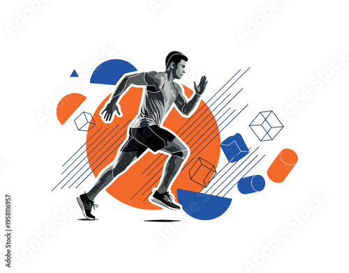 black and white athlete jogging in place with arms pumping, cut-out photo style with white contour outline, bold blue circle behind the runner symbolizing