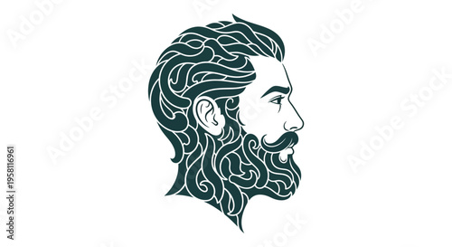 Stylized man's head profile with elaborate beard and mustache