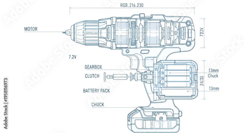 Technical drawing of cordless drill internal parts and labels