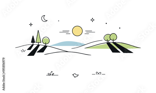 Evening shadows in nature. A minimal landscape with trees or hills creating long shadows in low sunlight. Quiet harmony, natural rhythm, and visual stillness.