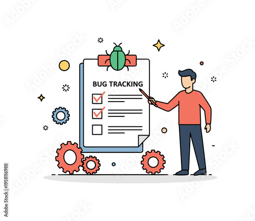 Bug tracking workflow developer marking completed tasks on a testing checklist while a bug icon and small gears represent debugging and system improvements.