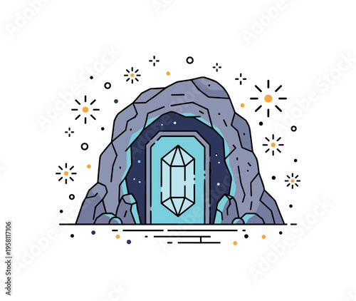 Fantasy magic cave glowing crystal portal inside a rocky cavern surrounded by small spark icons suggesting mysterious magical energy hidden underground. The