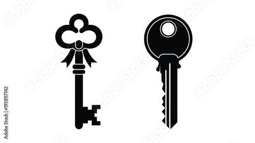 Two antique keys displayed in stark black silhouette