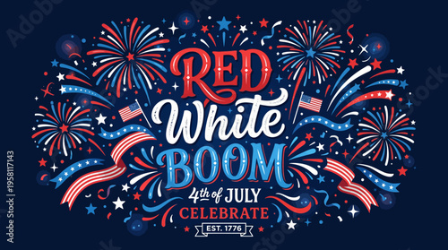 Vibrant patriotic celebration with fireworks, flags, and festive colors for Independence Day on July 4th