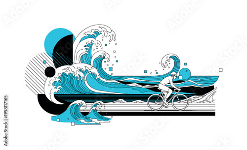 cyclist riding past waves crashing on shore abstract semicircles lines and geometric blocks symbolizing dynamic coastal scenery black and white retro cyclist