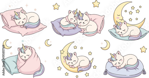 Cute sleeping unicorn cats set with moon, stars and pillows, dreamy fantasy kittens in cozy bedtime poses cartoon vector illustration collection