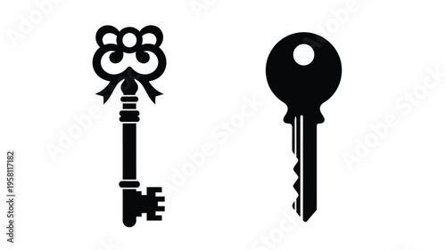 Antique keys displayed in a stark black graphic silhouette