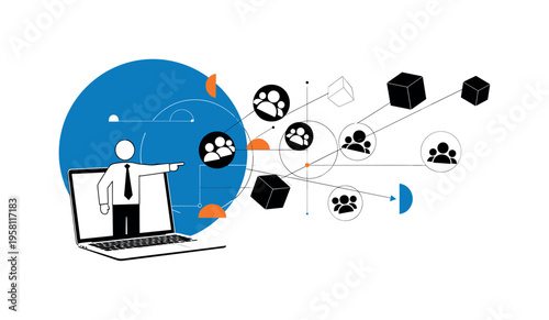 leader figure on a laptop screen pointing toward scattered team icons across space, black and white cut-out objects with white outline effect, large blue