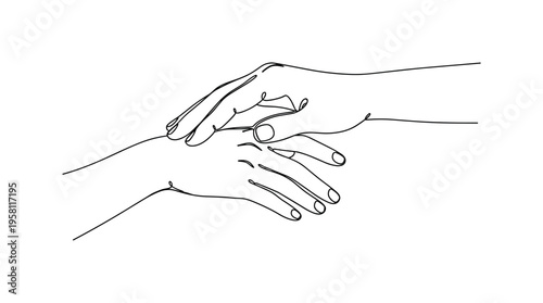 Therapeutic Touch. Minimalistic one-line drawing one hand softly touching another hand representing comfort and healing energy, continuous single black line on
