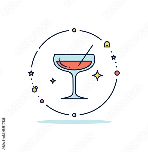 Signature drink branding elegant coupe glass centered within a thin circular badge frame with subtle star accents. A concise editorial badge suitable for bar