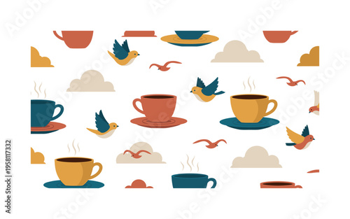 cozy sunset coffee time seamless pattern, coffee mugs saucers sunset icons small birds and soft clouds arranged in a repeating pattern, white background with