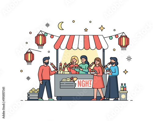 Night market food adventure friends standing near a glowing street food stall tasting skewers and dumplings while lantern icons and stars create a festive
