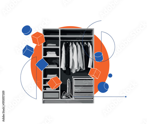 black and white open closet with clothes hanging and shoes below, cut-out objects with white outline effect, bold yellow circle behind the wardrobe symbolizing