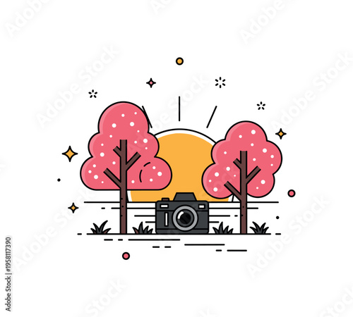 Golden hour in the park stylized sun low behind blossoming trees with camera silhouette in the foreground. A warm editorial icon about light, atmosphere, and