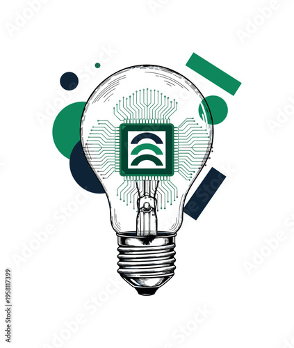 Black and white vintage lightbulb cracked open revealing a detailed silicon chip at the center, semicircles and thin linear grids symbolizing circuitry,