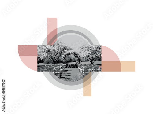 monochrome outdoor wedding ceremony scene with chairs and floral arch under blooming trees, layered semicircles and abstract geometric bars structuring