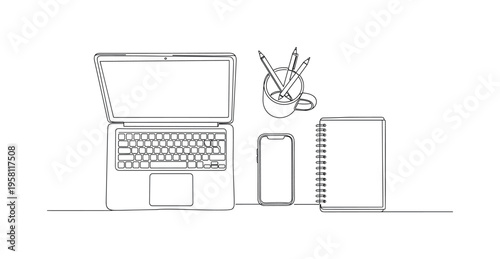 Digital Nomad Workspace. Minimalistic one-line drawing flat lay desk with laptop, phone and notebook forming balanced workspace layout, continuous single black