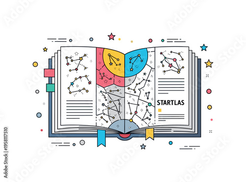 Modern star atlas concept featuring an open book with neatly segmented star maps and thin boundary lines defining each constellation region. A compact and