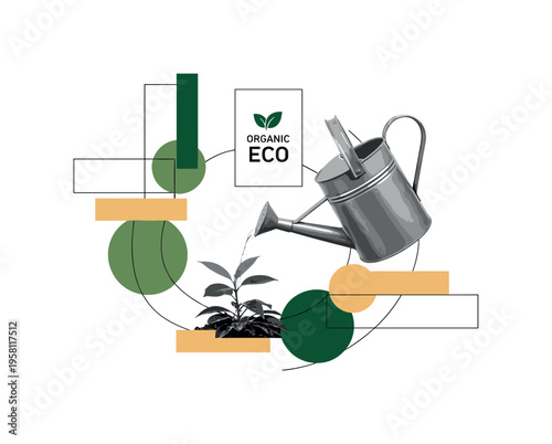 organic eco label with black and white vintage watering can pouring onto small plant, abstract circles and rectangular blocks symbolizing nourishment and