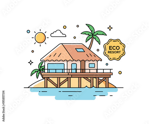 Luxury eco island bungalow standing above calm water on wooden stilts with a soft sun icon and a small ?Eco Resort? badge nearby. The scene evokes peaceful