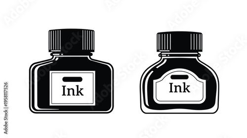 Two vintage inkwells with labels display a striking black silhouette