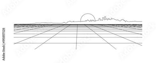 Retro Wave Grid. Minimalistic one-line drawing converging grid pattern forming iconic 80s synthwave landscape, continuous single black line on white