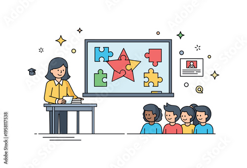 Teacher guided puzzle learning illustrated with a classroom board displaying colorful puzzle pieces forming a star shape while students gather nearby. The