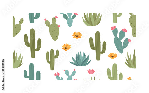 desert cactus plants and flowers seamless pattern, repeating pattern, surface design, textile print, soft color palette, modern illustration, flat vector