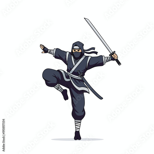 A stylized, dark-clad warrior holds a sword, mid-pose on a white background