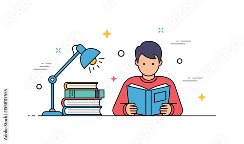 Academic study moment a person reading attentively while a few stacked books and a quiet desk lamp suggest concentration and dedication to learning. Minimalist