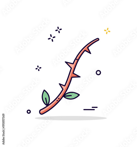 Single thorn detail displayed like a small botanical badge with a curved stem and minimal leaves. Clean natural symbol representing caution, resilience, and