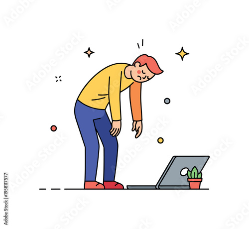 Physical exhaustion body language figure standing with bent posture and drooping arms suggesting deep tiredness and lack of energy. The composition captures