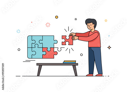 Puzzle solving hobby featuring a person placing the final piece into a nearly completed puzzle on a small table. Subtle spark accents highlight satisfaction,