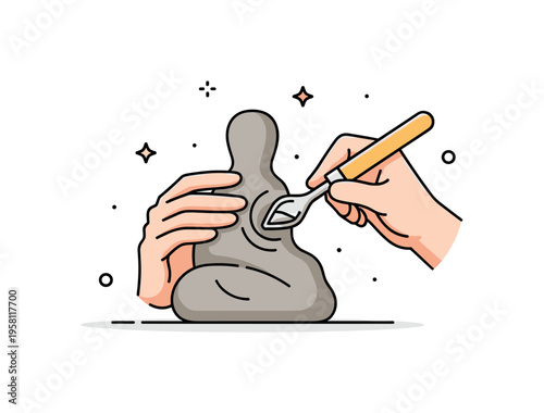 Artist sculpting moment illustrated by a small clay figure in progress with a sculpting tool gently shaping the surface. Focused artistic scene symbolizing
