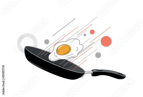 black-and-white frying pan tilted slightly with a fried egg sliding across the surface, abstract diagonal lines and circular shapes expressing motion and heat,