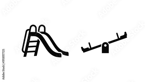 Playground equipment a slide and seesaw in black and white silhouette