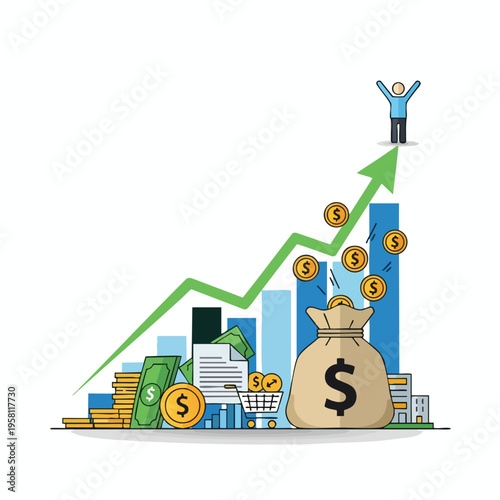 Upward growth with financial gains, culminating in a celebratory person